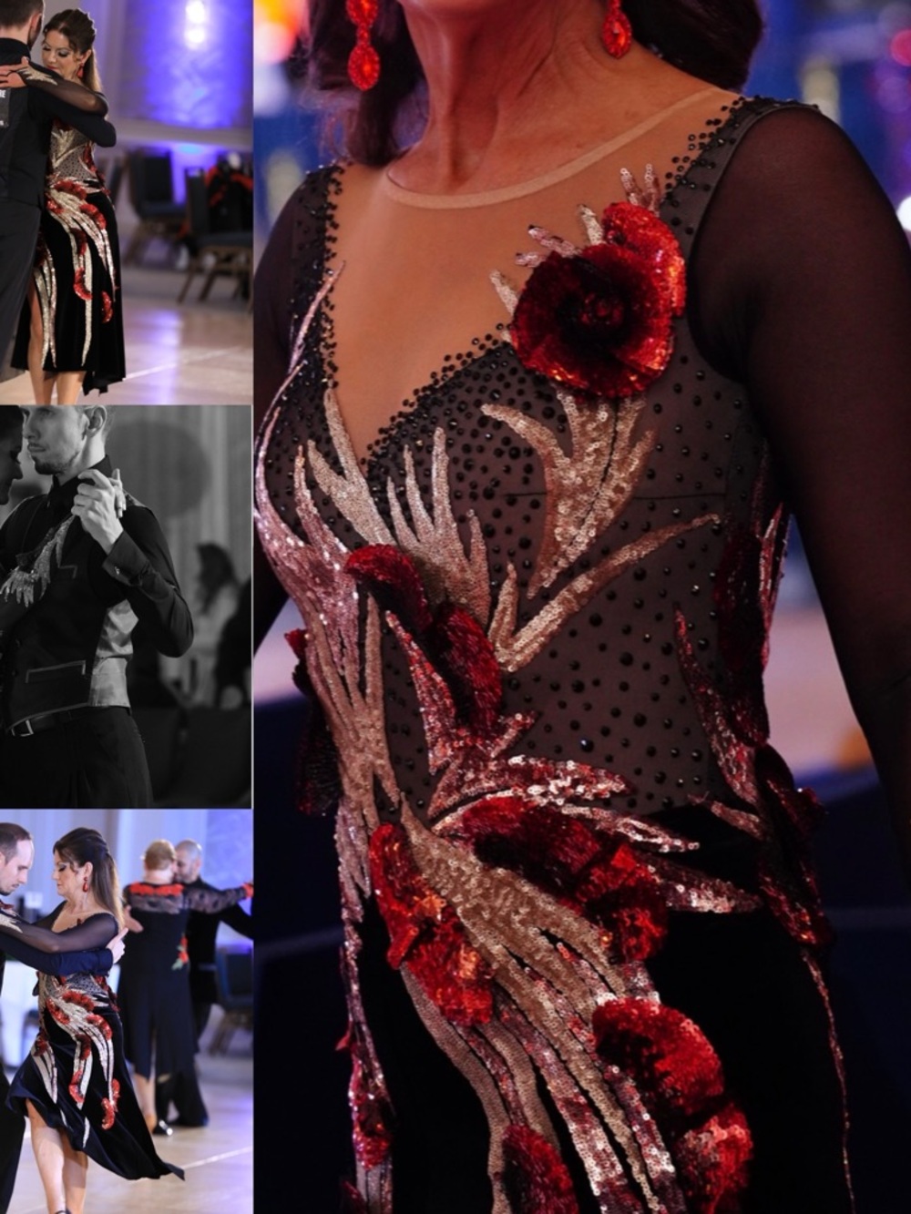 Argentine Tango: Black & Red Sequin Floral Dance Dress